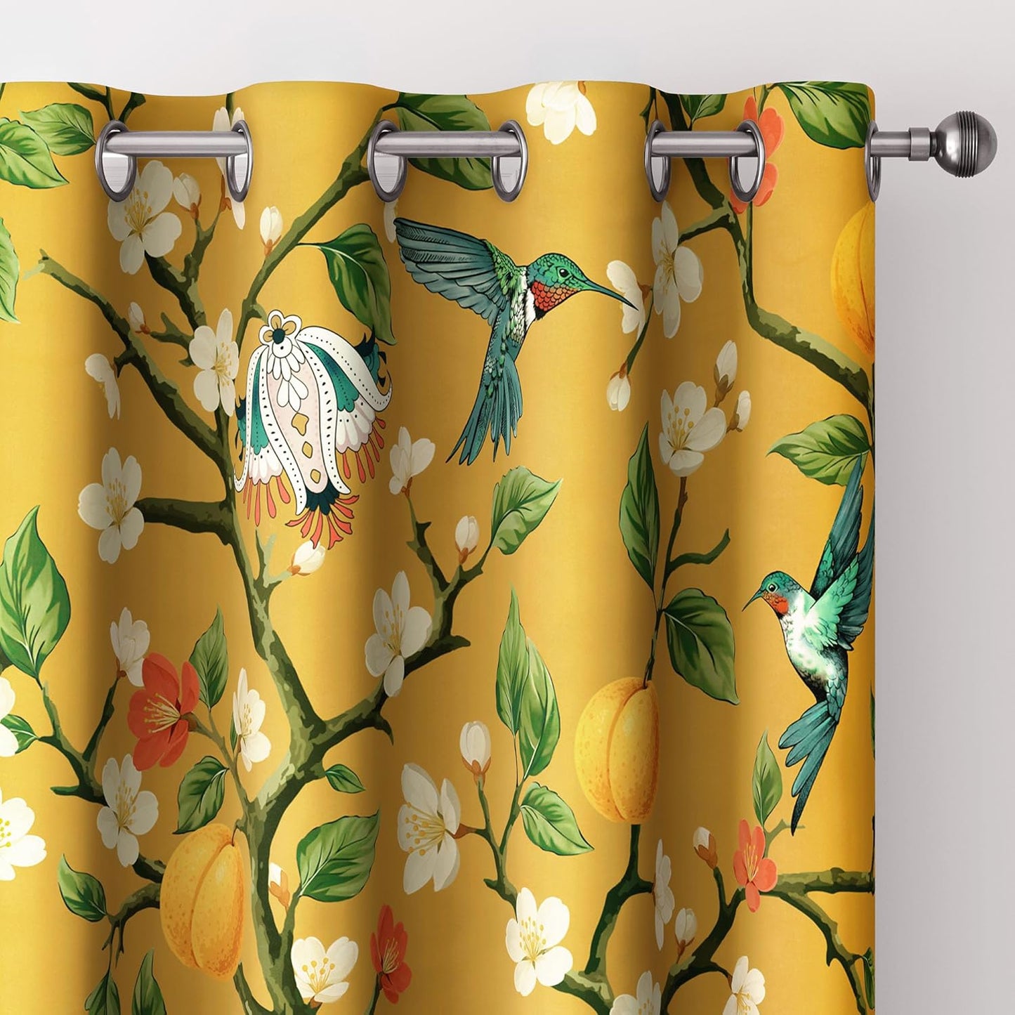 Floral Curtains 100% Blackout Vintage Hummingbird Black Out Curtain 84 Inches Long Thermal Insulated Window Drapes 2 Panels Grommet Room Darkening Curtains for Living Room Bedroom, Mustard Yellow