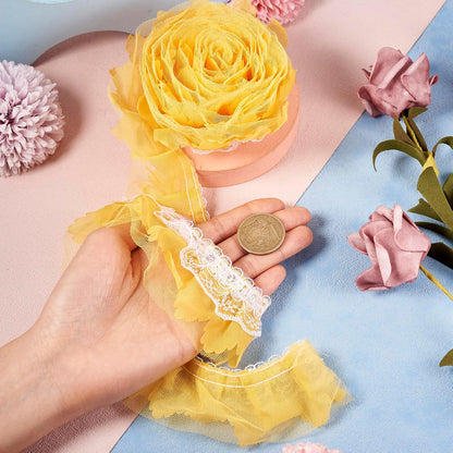 FASHEWELRY Yellow Ruffle Trim 2.2 Yards Organza Lace Trim 2 Inch Pleated Ribbon 2-Layer Fabric Trimming for Sewing Crafts Wedding Bridal Dress Appliques Headdress