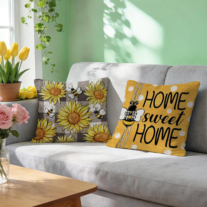 Spring Summer Sunflower Decorative Throw Pillow Covers 18 x 18 Set of 4, Yellow Flower Bumble Bee Home Sweet Home Decor, Love Lives Here Floral Plaid Polka Dots Farmhouse Sofa Couch Cushion Case