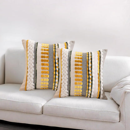 Emvency Boho Throw Pillow Covers 18x18 Inches Set of 2, Yellow and White Chenille Tufted Farmhouse Striped Chic Modern Art Square Decorative Couch Pillowcases for Home Decor Bedroom Sofa Living Room