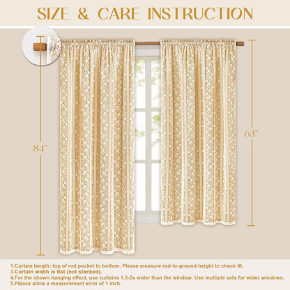 ASPMIZ Linen Curtains for Living Room Double Layer Curtains with Linen Lace, Mustard Yellow Bedroom Curtain Light Filtering, Rod Pocket Drapes 63 Inch Length 2 Panels Set with 2 Tiebacks, 52x63