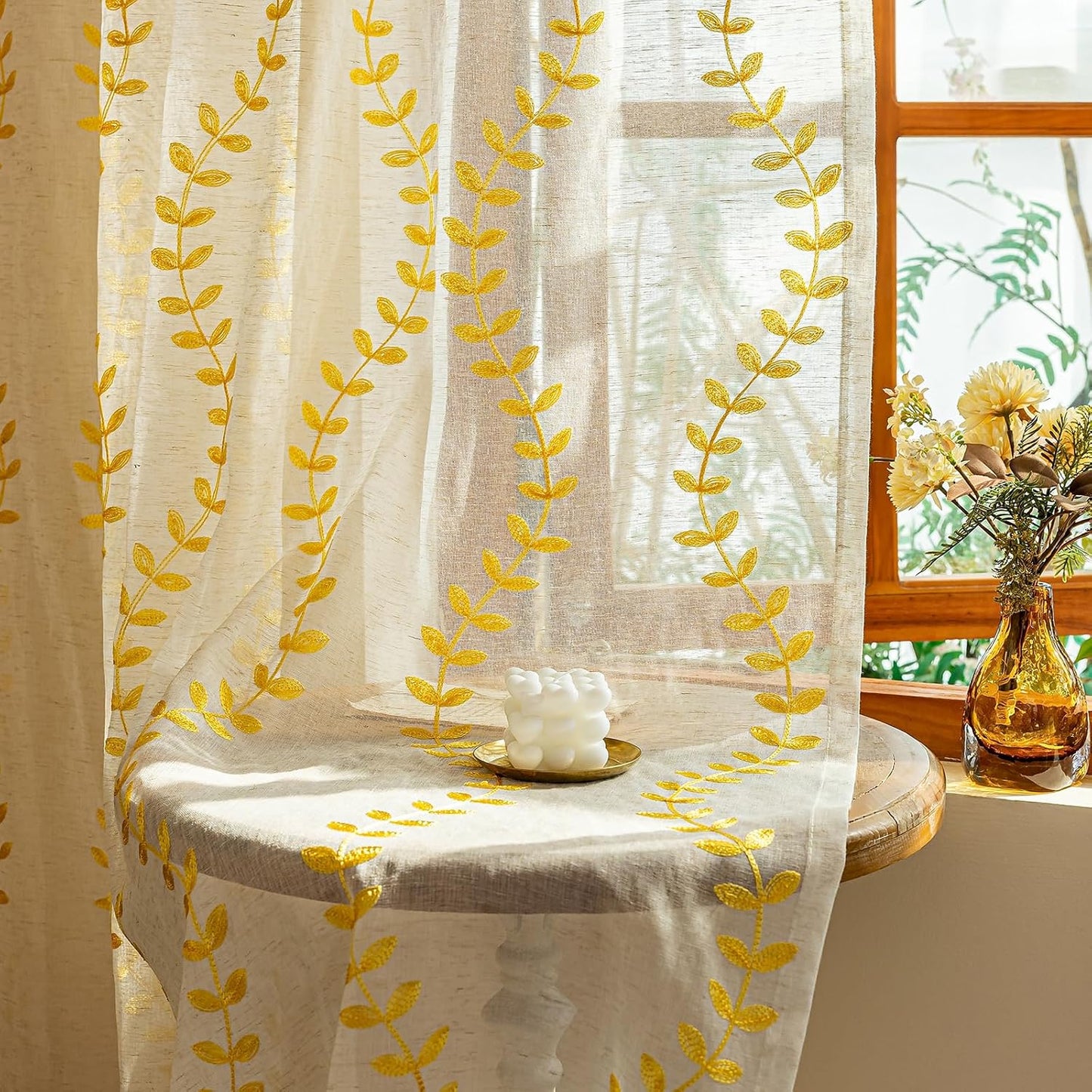 AmHoo 2 Panels Linen Leaf String Floral Embroidered Semi Sheer Curtain Farmhouse Voile Curtains for Living Room Bedroom Window Treatment Gold Yellow 52 x 84 Inch