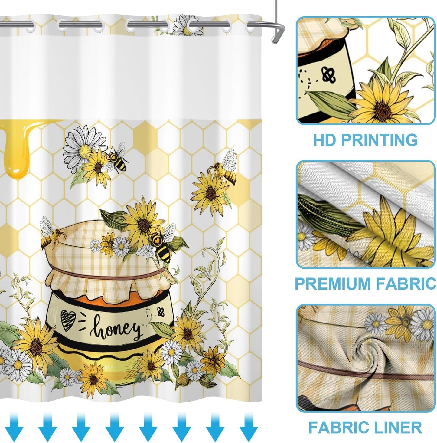 No Hook Bee Shower Curtain with Snap for Bathroom 71x74 Inch Cute Yellow Sunflower Shower Curtains in Liner Set Honey Jar Waterproof Fabric Double Layers Washable for Hotel Decorative