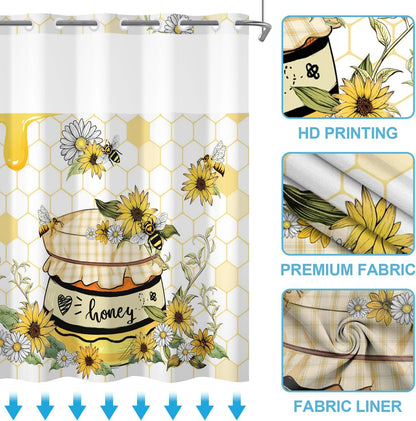 No Hook Bee Shower Curtain with Snap for Bathroom 71x74 Inch Cute Yellow Sunflower Shower Curtains in Liner Set Honey Jar Waterproof Fabric Double Layers Washable for Hotel Decorative
