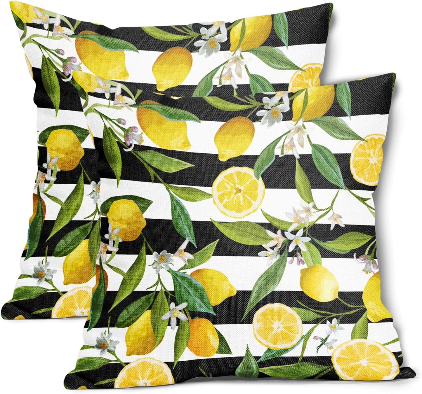 Lemon Pillow Covers 18x18 Inch Set of 2 Summer Fruit Black and White Stripes Linen Cotton Decorative Throw Pillow Case Floral and Leaves Cushion Cover for Bedroom Sofa Living Room Chair Home Decor