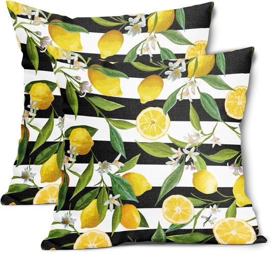 Lemon Pillow Covers 18x18 Inch Set of 2 Summer Fruit Black and White Stripes Linen Cotton Decorative Throw Pillow Case Floral and Leaves Cushion Cover for Bedroom Sofa Living Room Chair Home Decor