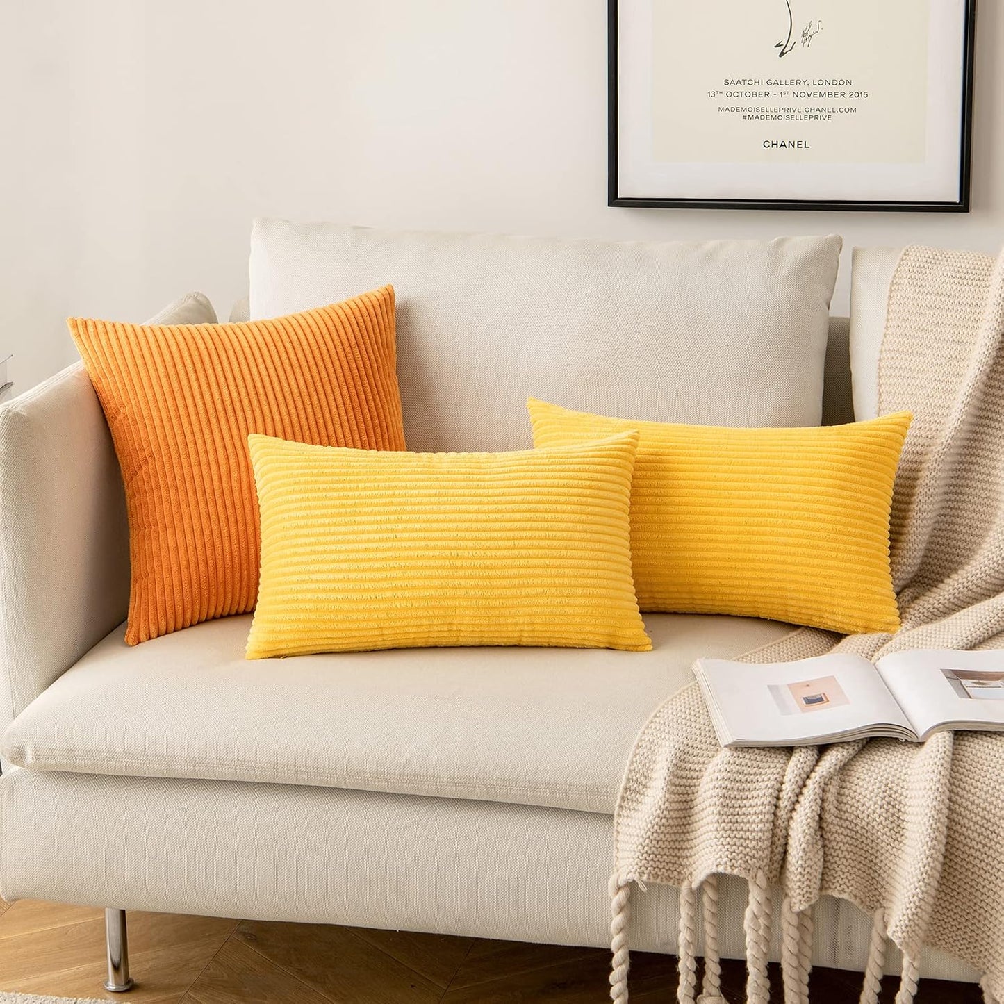 MIULEE Decorative Corduroy Pillow Covers Soft Solid Pack of 2 Cushion Cases Boho Square Throw Pillow Covers Golden Yellow Pillowcases for Couch Chair Sofa Bed Living Room Home Decor 18 x 18 Inch