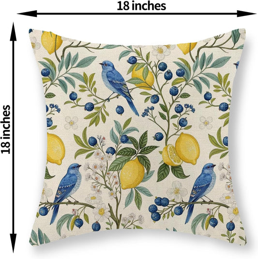 Chinoiserie Pillow Covers 18x18 Set of 2 Blue Green Bird Floral Throw Pillows Vintage Botanical Yellow Lemon Flower Decorative Pillowcase Outdoor Chinoiserie Decor Linen Cushion Case for Couch