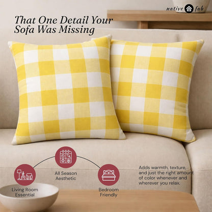 Native Fab Premium Throw Pillow Covers 2 Pack, 18x18 Inches, 100% Cotton, Vibrant Buffalo Plaid, Summer Check Cushion Cases, Bright Farmhouse Accent for Living Room, Outdoor, Lemon Yellow & White