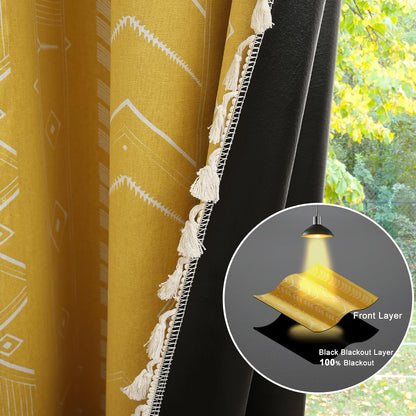 ColorBird Boho Blackout Curtains 2 Panels 84 Inch Length Mustard Yellow Thermal Insulated Southwest Window Treatment Patterned Western Black Out Patterned Curtain Drapes for Living Room Bedroom