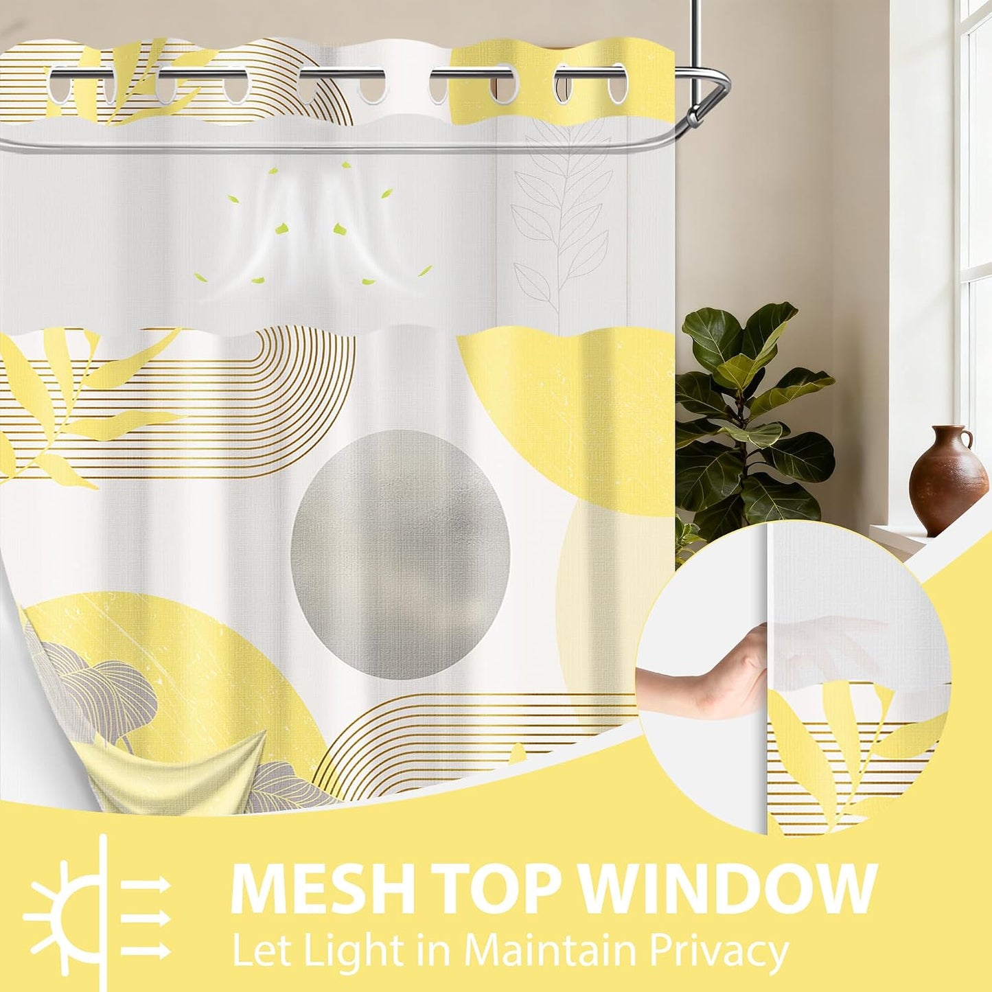 Mustard Yellow and Grey Hookless Shower Curtain with Snap in Liner, Yellow and White No Hook Double Layer Shower Curtain and Liner Set, Waterproof Cloth Fabric, 71" W x 86" L (Pack of 1)
