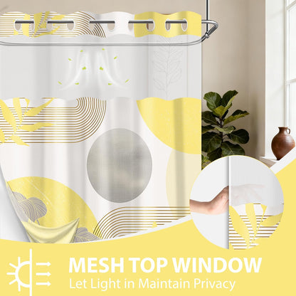 Mustard Yellow and Grey Hookless Shower Curtain with Snap in Liner, Yellow and White No Hook Double Layer Shower Curtain and Liner Set, Waterproof Cloth Fabric, 71" W x 86" L (Pack of 1)