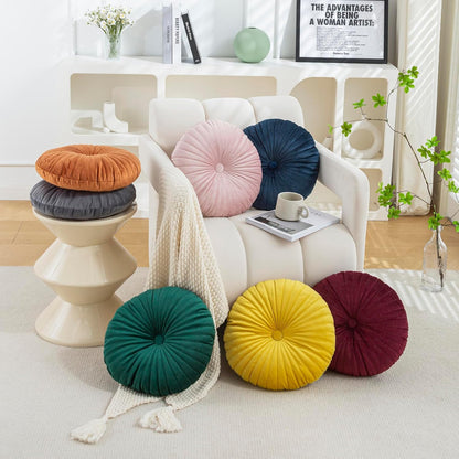 Teieas Velvet Round Throw Pillow Pleated Round Pillow Cushion Decoration for Couch Chair Bed Car Yellow