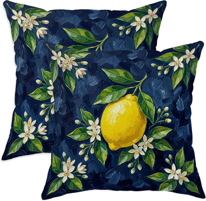 Lemon Throw Pillow Covers Set of 2, Botanical Contemporary Flowers Leaves Summer Yellow with Hidden Zipper Cushion Covers Pillow for Home Living Room Bedroom Dorm Couch Decor 14x14 Inch