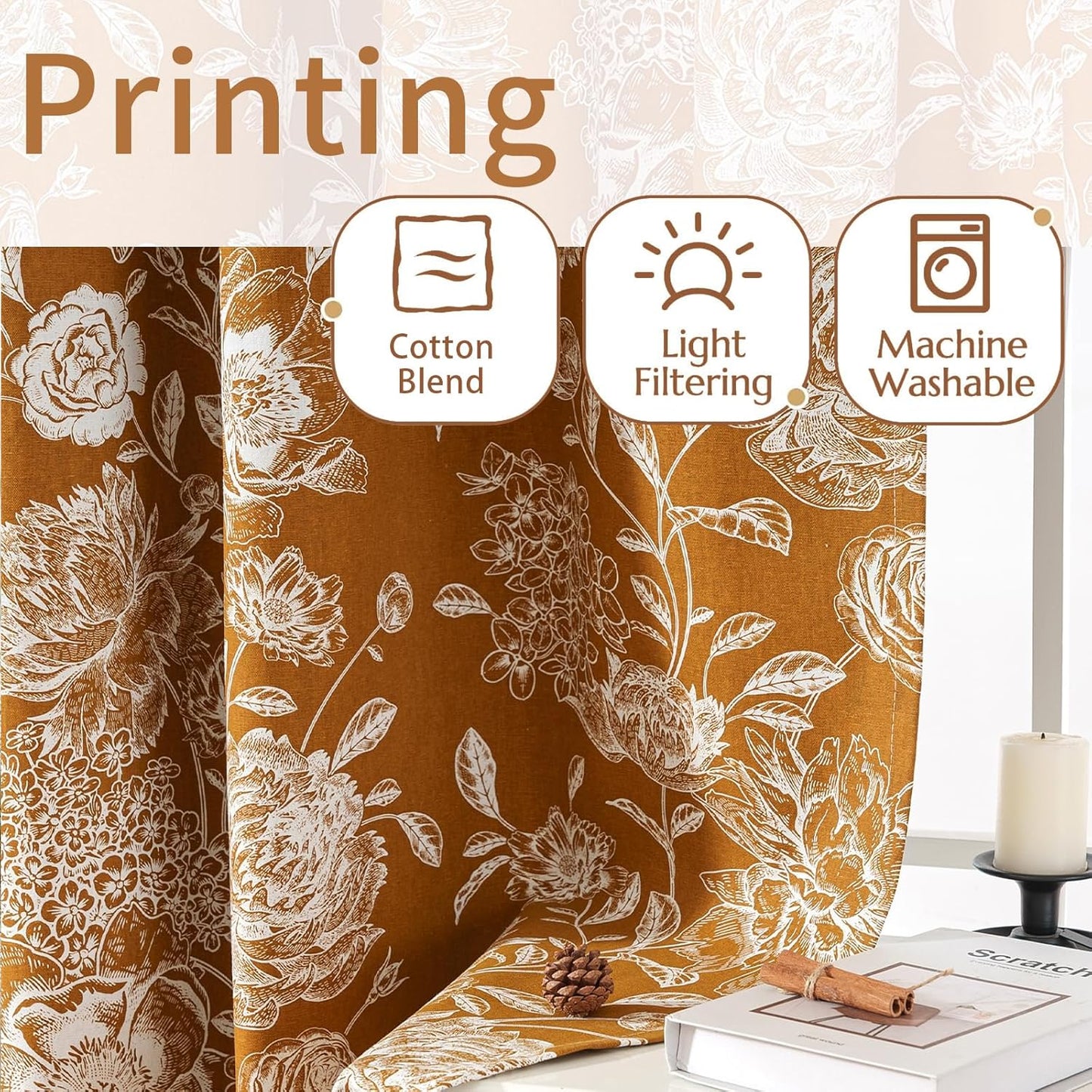 Floral Blackout Curtains 63 Inch Length 2 Panels, Vintage Peony Pattern Curtains for Bedroom Living Room, Light Blocking Thermal Curtains, Grommet Top, Mustard Yellow, 52 x 63