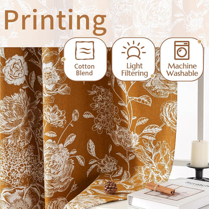Floral Blackout Curtains 63 Inch Length 2 Panels, Vintage Peony Pattern Curtains for Bedroom Living Room, Light Blocking Thermal Curtains, Grommet Top, Mustard Yellow, 52 x 63