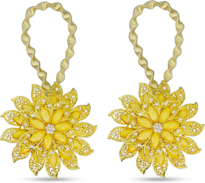 2 Pack Gold Yellow Flower Curtain Tiebacks Window Holdback Buckles | Tie Backs Holders Stretchable Wire Rope Amber Warm Accent Bright Elegant Toolless Clasp Flexible Loop Sheer Thick Panels