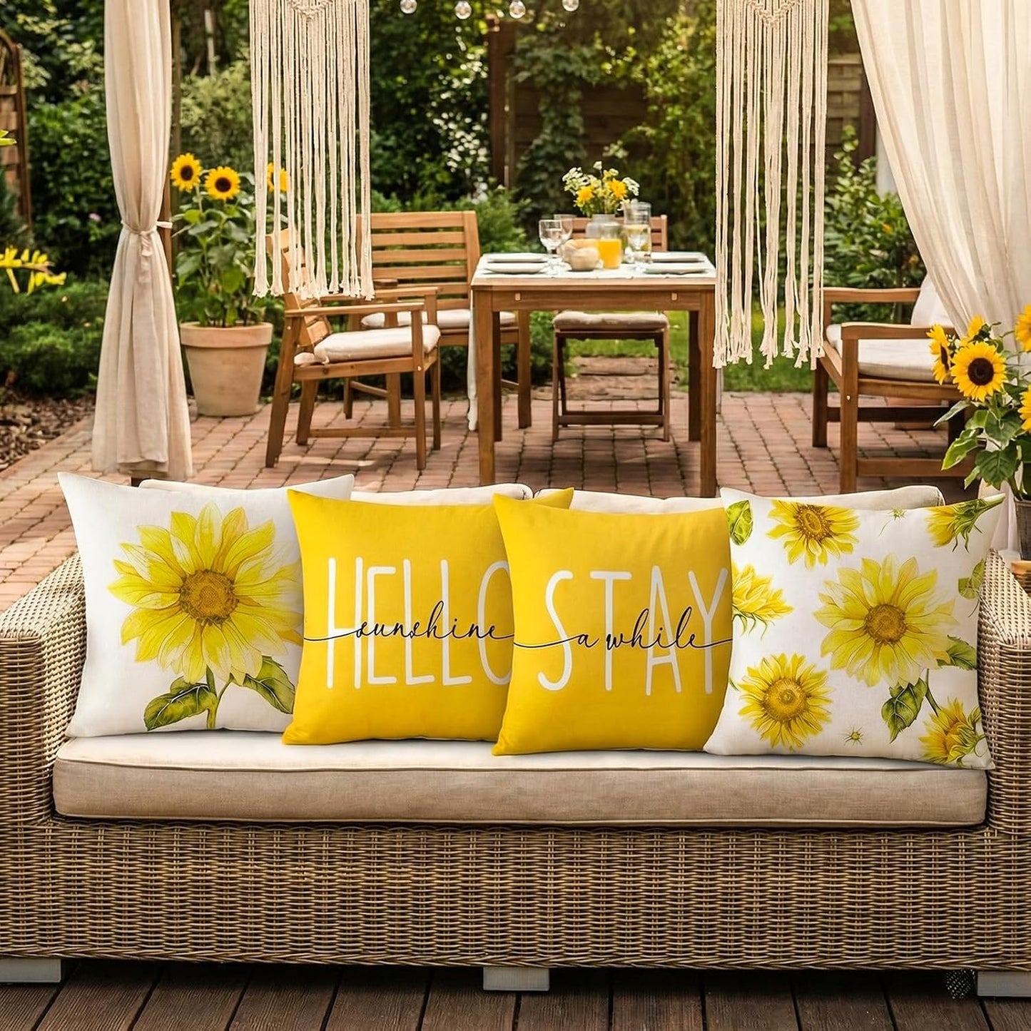 Spring Sunflower Decor Outdoor Throw Pillow Covers Waterproof 18x18 Inches Set of 4, Summer Sun Flower Decorative Pillows for Couch Porch and Patio Furniture, Mustard Yellow Floral Farmhouse Pillow