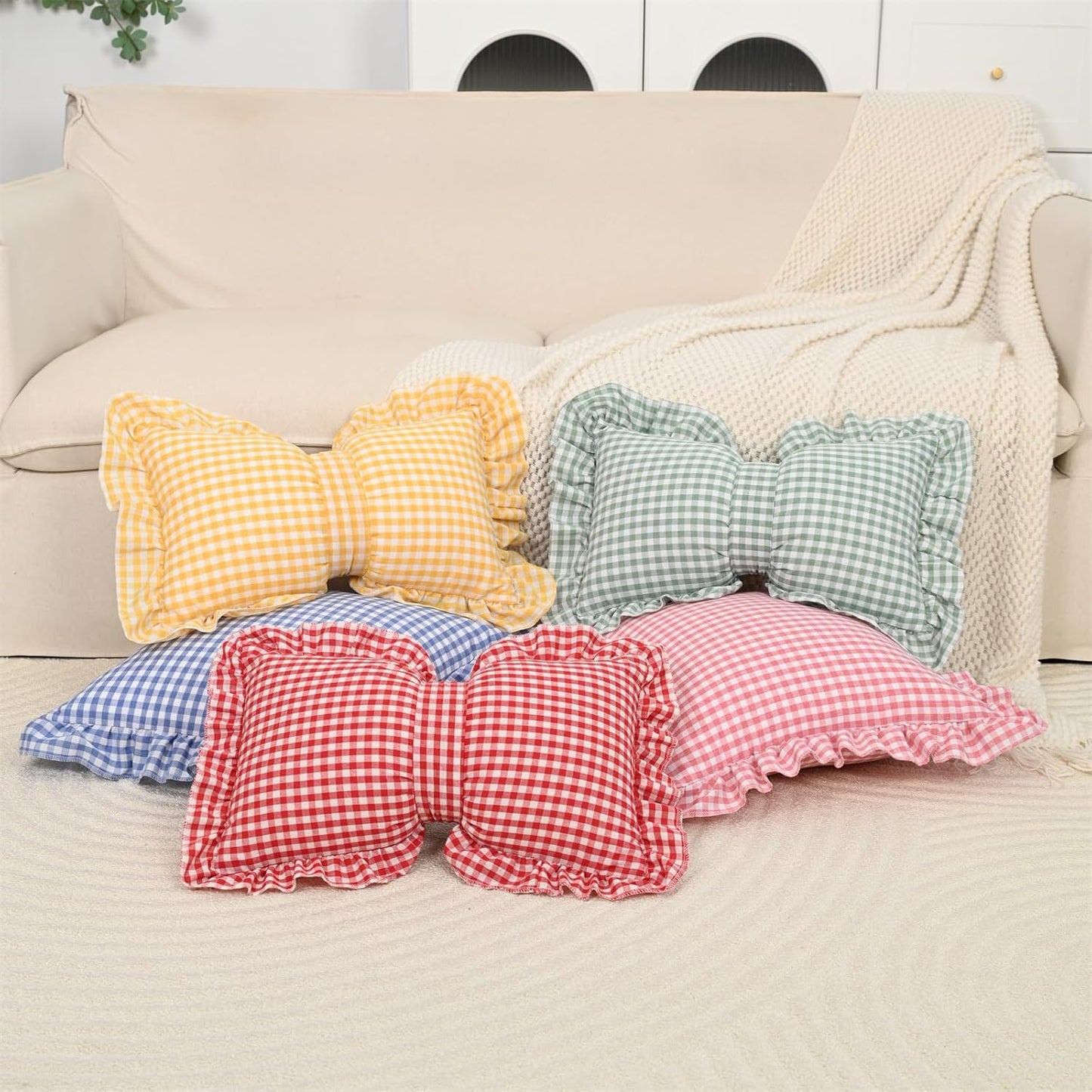 12" X 20" Yellow Checkered Bow Throw Pillow Bowknot Shaped Home Decorative Backrest Pillow Gingham Bowknot Cushion for Sofa Car Couch Bed Living Room Bedroom