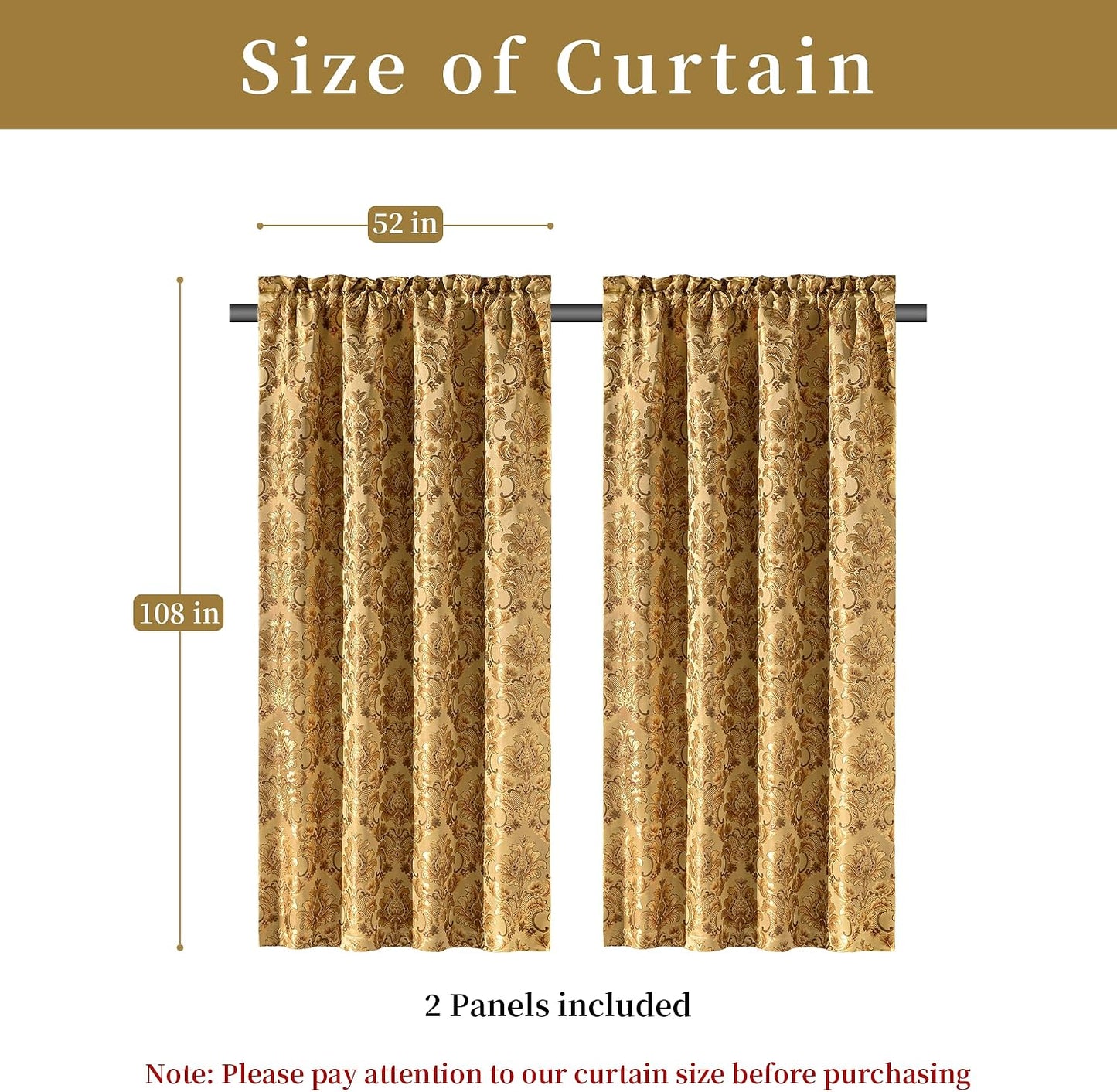 Loom and Mill Luxury Damask Curtains for Living Room, Golden Floral Thick Jacquard Window Treatment with Tiebacks for Bedroom Christmas Party Banquet Decorations (2 Panels, 52 x 108 Inch, Yellow)