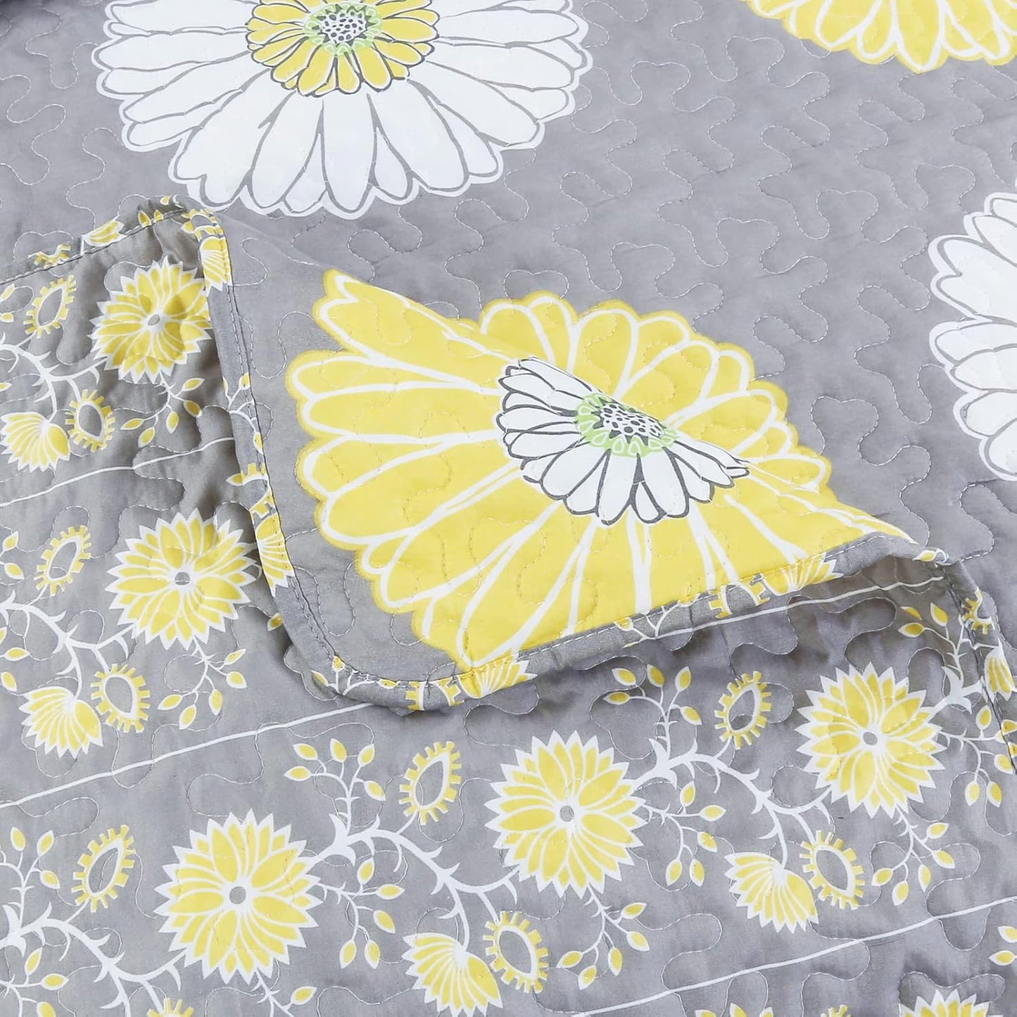 Cozy Line Home Fashions Yellow White Gray Daisy Sunflower Floral Reversible Quilt Bedding Set, Bedspread, Coverlet Lightweight for All Seasons (Sunflower, King - 3 Piece)