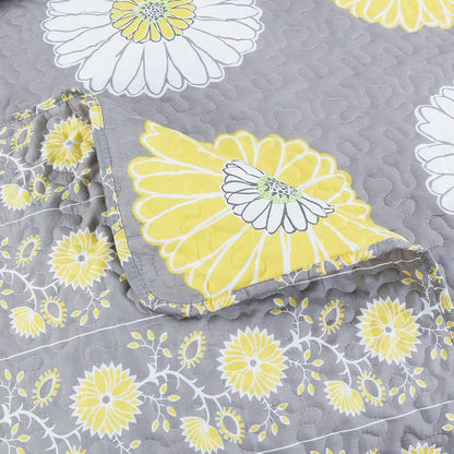 Cozy Line Home Fashions Yellow White Gray Daisy Sunflower Floral Reversible Quilt Bedding Set, Bedspread, Coverlet Lightweight for All Seasons (Sunflower, King - 3 Piece)