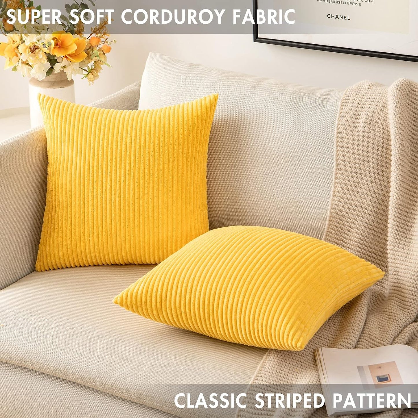 MIULEE Decorative Corduroy Pillow Covers Soft Solid Pack of 2 Cushion Cases Boho Square Throw Pillow Covers Golden Yellow Pillowcases for Couch Chair Sofa Bed Living Room Home Decor 18 x 18 Inch