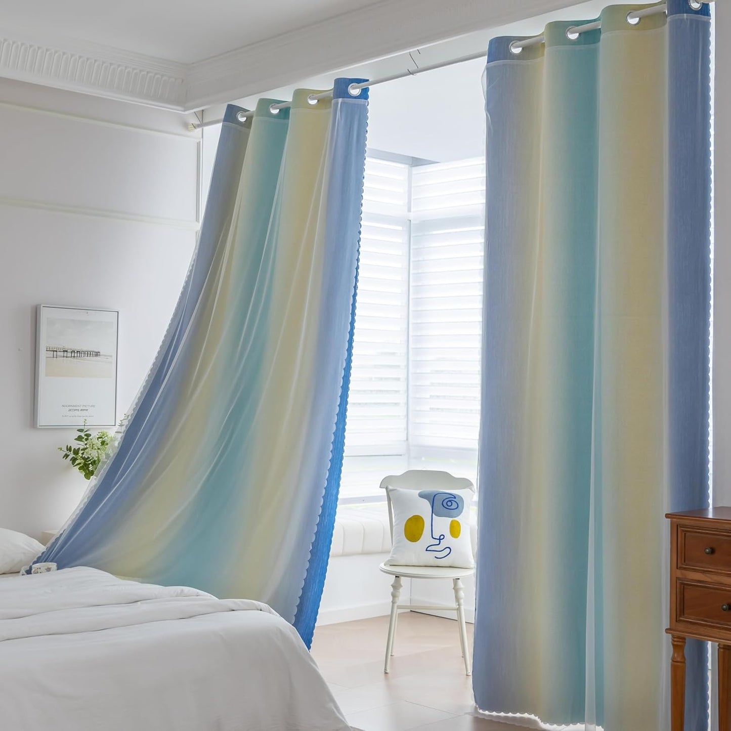 Double Layer Ombre Curtains for Girls Room Girls Bedroom Kids Room Grommets Top 63 Inch Lengt Rainbow Blackout Window Drapes 2 Panels, Yellow & Blue