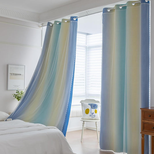 Double Layer Ombre Curtains for Girls Room Girls Bedroom Kids Room Grommets Top 63 Inch Lengt Rainbow Blackout Window Drapes 2 Panels, Yellow & Blue