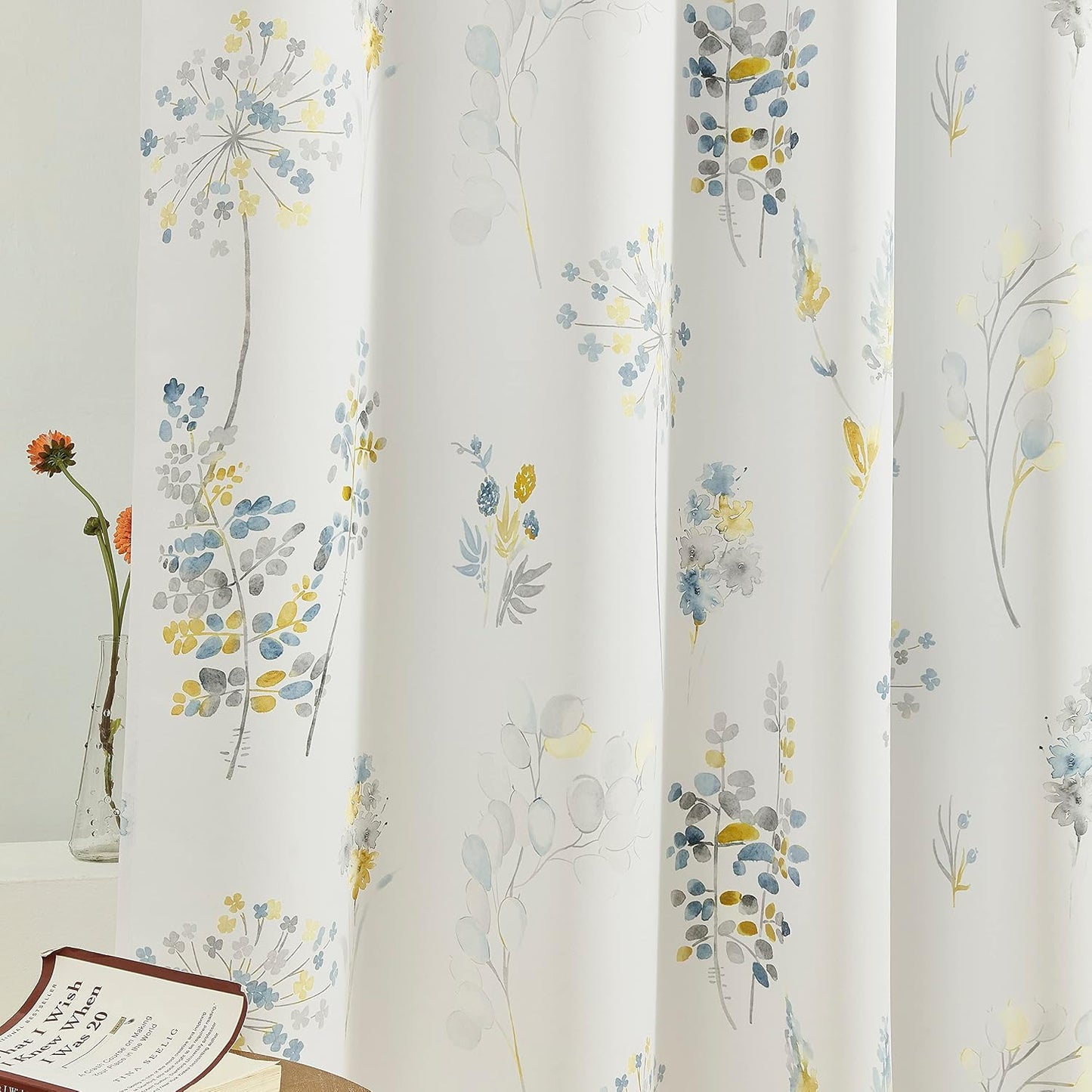 XTMYI Yellow and Blue Floral Spring Curtains for Living Room, Pretty Ditsy Flower Printed Drapes, Summer Decorative Patterned Semi Blackout Window Panels for Sunroom Sliding Glass Door, 52" W x 84" L