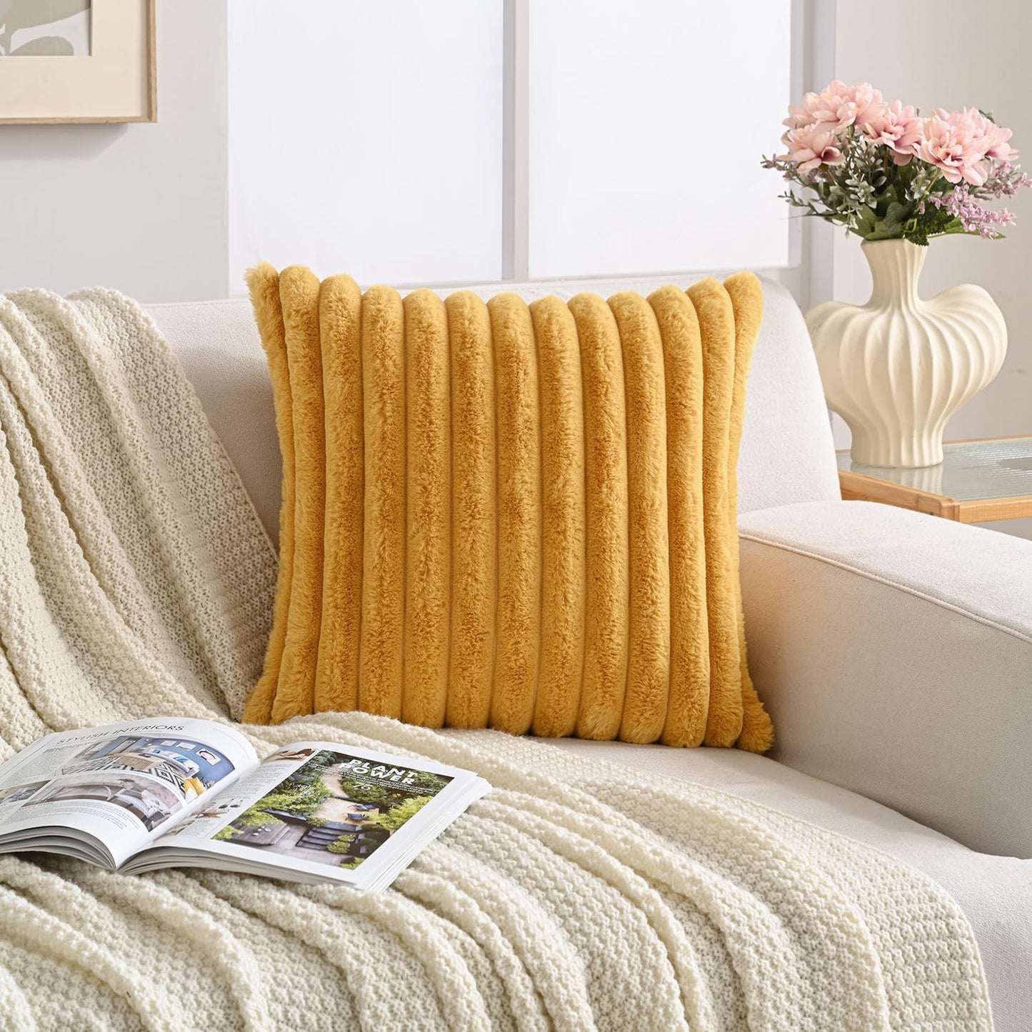 Volcanics Pack of 1 Double-Sided Faux Fur Plush Decorative Throw Pillow Covers 18x18 Inches Soft Fluffy Striped Couch Pillow Cases, Mustard Yellow