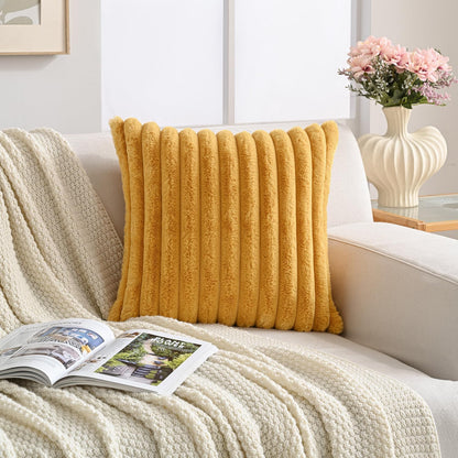 Volcanics Pack of 1 Double-Sided Faux Fur Plush Decorative Throw Pillow Covers 18x18 Inches Soft Fluffy Striped Couch Pillow Cases, Mustard Yellow