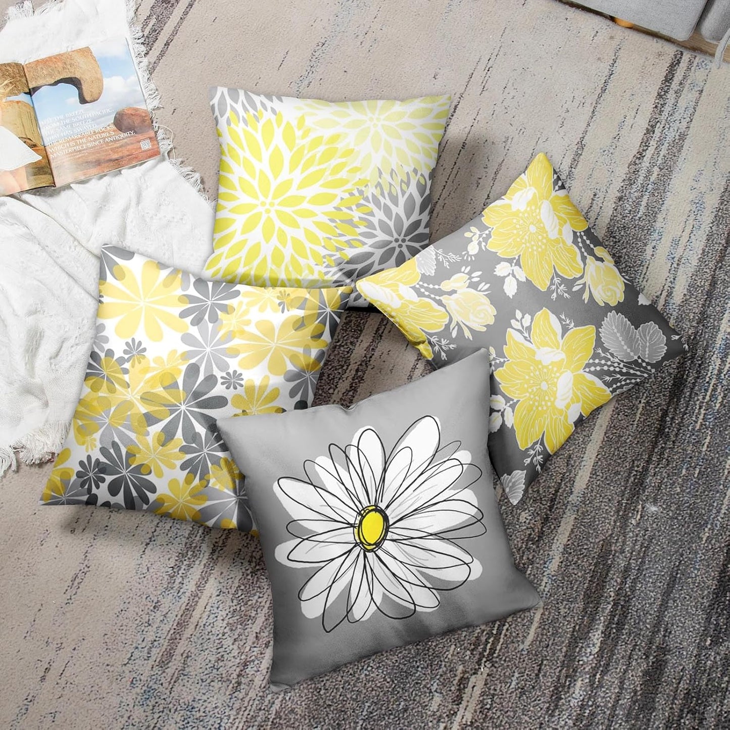 Emvency Set of 4 Throw Pillow Covers Gray and Yellow Modern Daisy with Pretty White Floral Hand Couch Sofa Decorative Pillow Cases Cushion Home Decor Square 18x18 Inches Pillowcases
