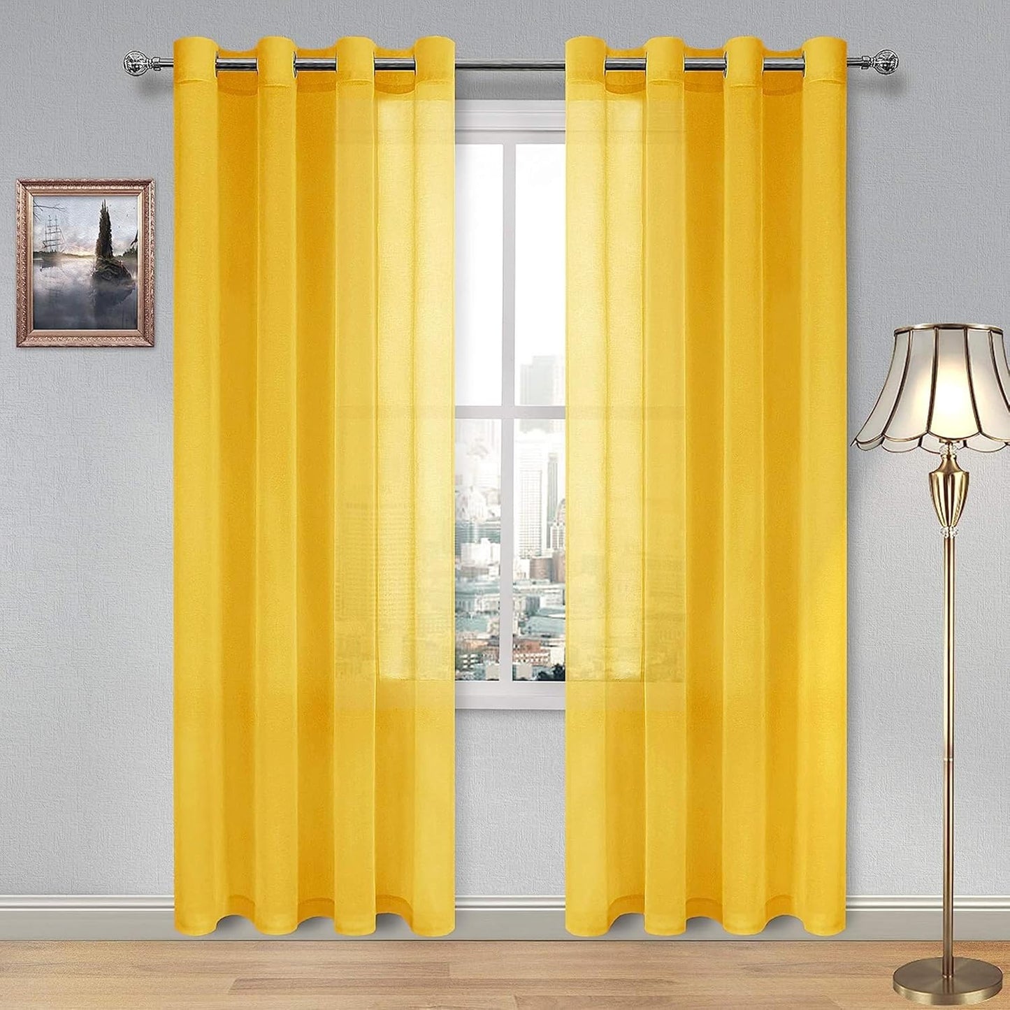 DWCN Yellow Faux Linen Sheer Curtains - Grommet Voile Window Curtain Drapes for Bedroom Living Room 52 x 84 inches Long, Set of 2