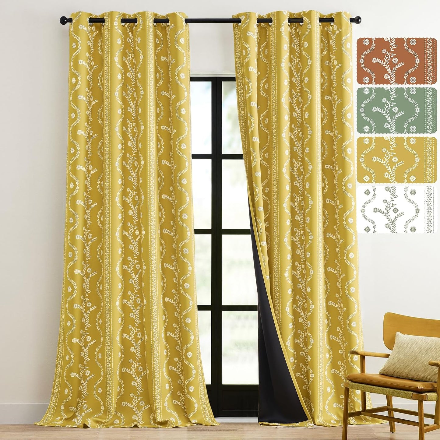 LIMON HOME Mustard Yellow Curtains & Drapes 84 Inches Long 2 Panels for Living Room 100% Blackout Magritte Printed Floral Curtains Yellow