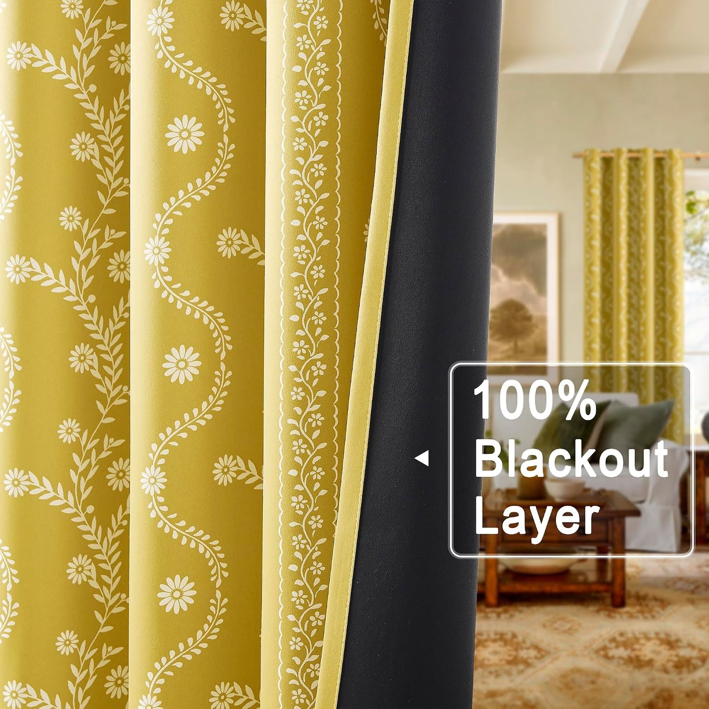LIMON HOME Mustard Yellow Curtains & Drapes 84 Inches Long 2 Panels for Living Room 100% Blackout Magritte Printed Floral Curtains Yellow