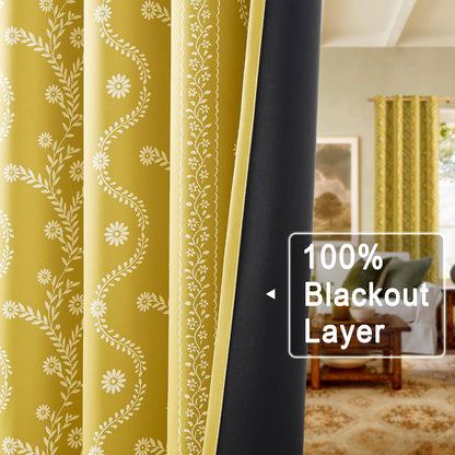 LIMON HOME Mustard Yellow Curtains & Drapes 84 Inches Long 2 Panels for Living Room 100% Blackout Magritte Printed Floral Curtains Yellow
