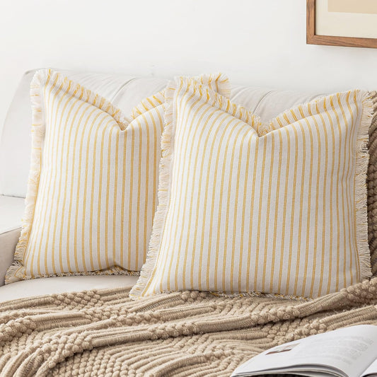 YEENAASY Throw Pillow Covers 18x18 Set of 2 Striped Fringe Pillow Cover Farmhouse Cushion Covers with Tassel Neutral Boho Pillows Decorative Square Pillowcase for Couch Sofa Bed, Yellow