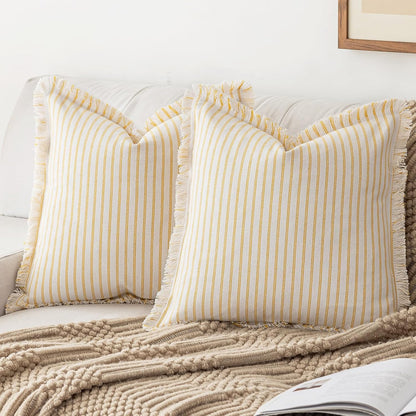 YEENAASY Throw Pillow Covers 20x20 Set of 2 Striped Fringe Pillow Cover Farmhouse Cushion Covers with Tassel Neutral Boho Pillows Decorative Square Pillowcase for Couch Sofa Bed, Yellow