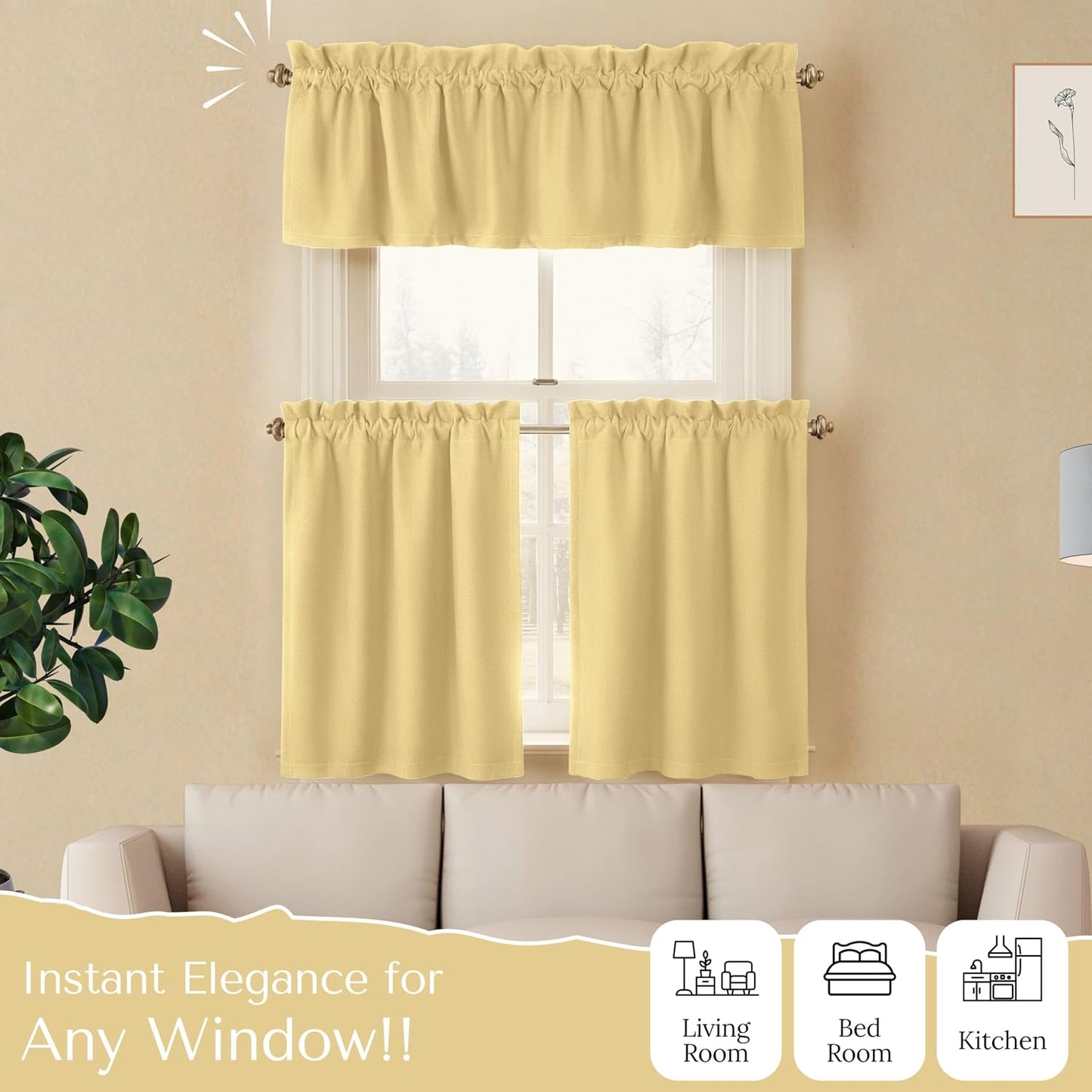 Native Fab 3 Piece Window Curtain Tiers 26"x36" and Valance 54"x18" Set - Rod Pocket - Semi Sheer - Short Curtain for Kitchen, Cafe, Living Room - Pale Yellow