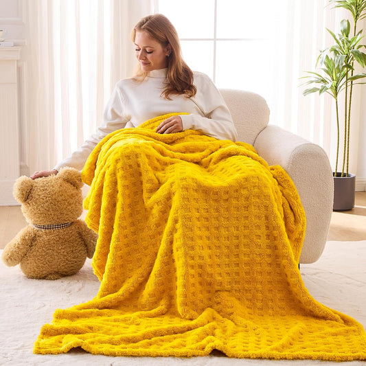 NEWCOSPLAY Super Soft Throw Blanket Yellow Premium Silky Flannel Fleece 3D Waffle Checkered Lightweight Bed Blanket All Season Use (Mustard Yellow, Throw(50"x70"))