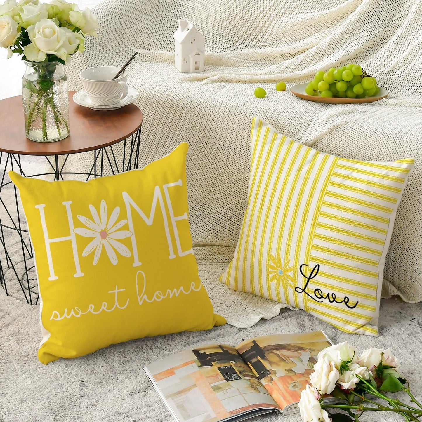 AVOIN colorlife Hello Sunshine Summer Yellow Throw Pillow Covers, 18 x 18 Inch Home Sweet Home Daisy Stripes Cushion Case for Sofa Couch Set of 4