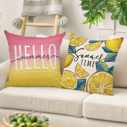 Hello Summer Lemon Decorative Throw Pillow Covers 20 x 20 Set of 4, Summer Vibes Fruit Pink Yellow Cushion Case Decor, Seasonal Home Decoration for Sofa Couch