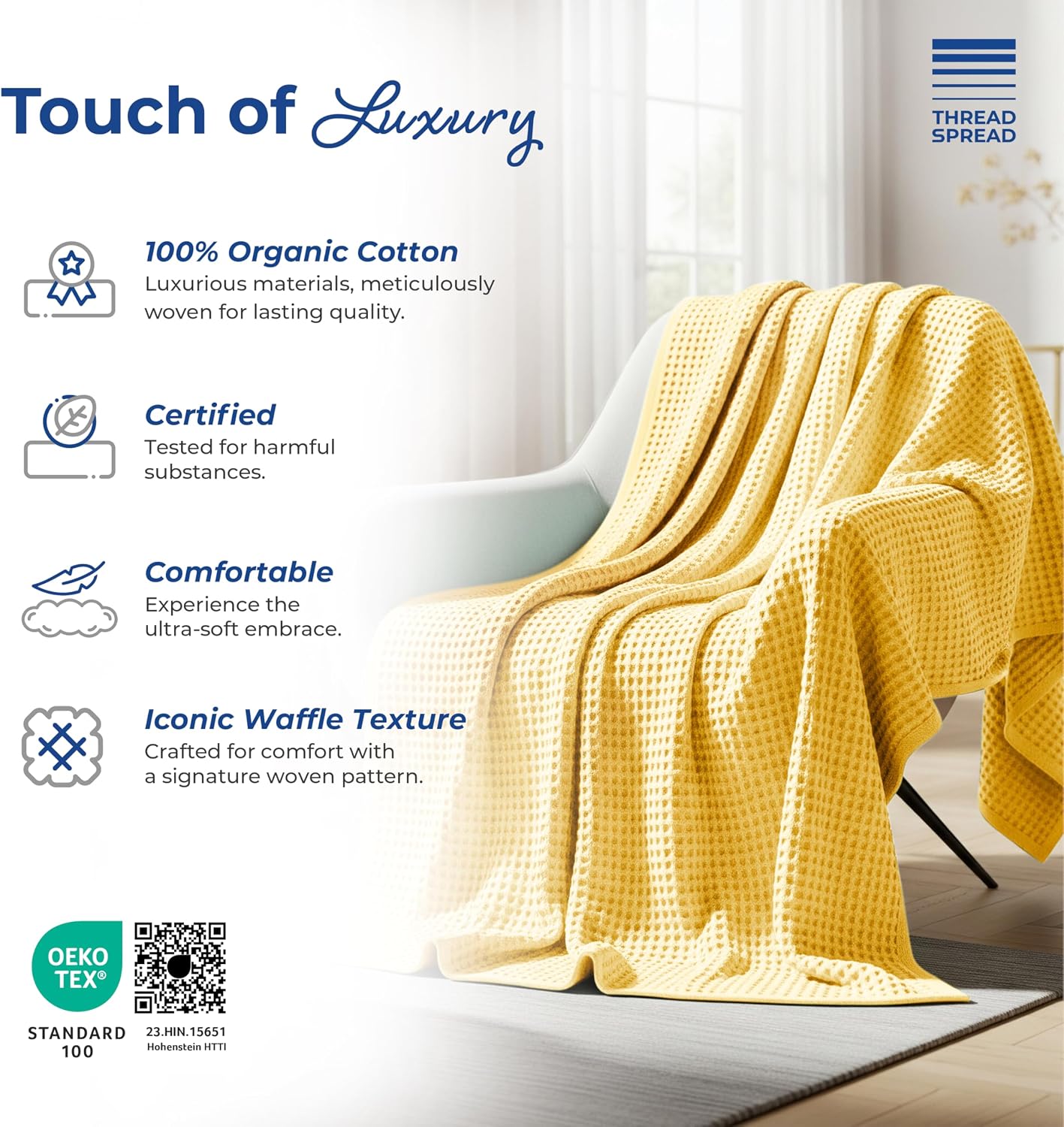 THREAD SPREAD 100% Cotton Waffle Blanket King Size - Soft Lightweight Breathable Waffle Weave King Size Blanket for All Season, Textured Throw Blankets for Bed, Sofa, Hotel, Hospital - Yellow