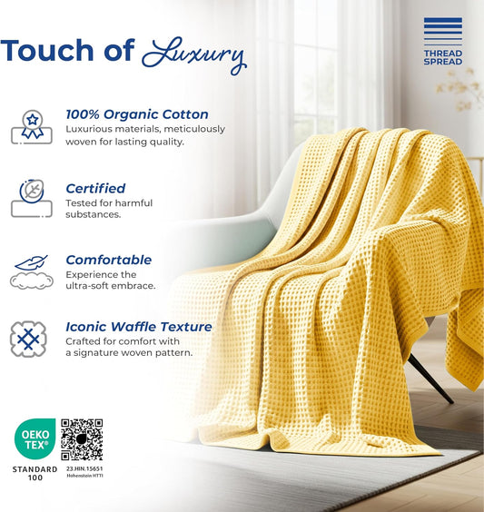 THREAD SPREAD 100% Cotton Waffle Blanket King Size - Soft Lightweight Breathable Waffle Weave King Size Blanket for All Season, Textured Throw Blankets for Bed, Sofa, Hotel, Hospital - Yellow