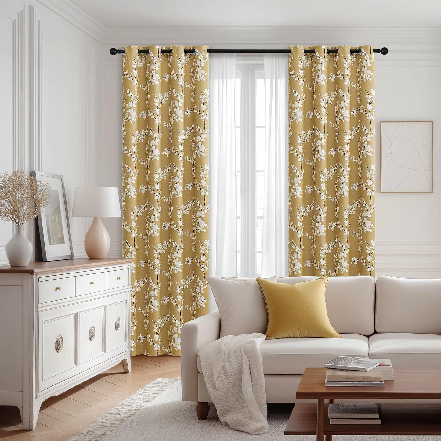 FMFUNCTEX 100% Blackout Floral Curtains for Bedroom, Mustard Yellow Curtain 84 inches Long Blossom Patterned for Living Room, Thermal Insulated Farmhouse Drapes, Grommet Top 2 Panels (White on Yellow)