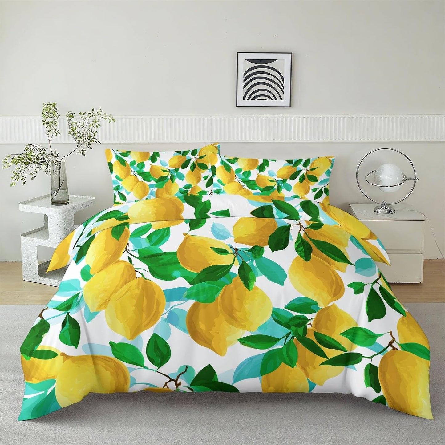 Kids Duvet Cover Set Cartoon Fruit Lemon Leaf Bedding Set for Boys Teens Adults, Yellow Comforter Cover Bedroom Collection 3Pcs Full Size (80 X 90 in)