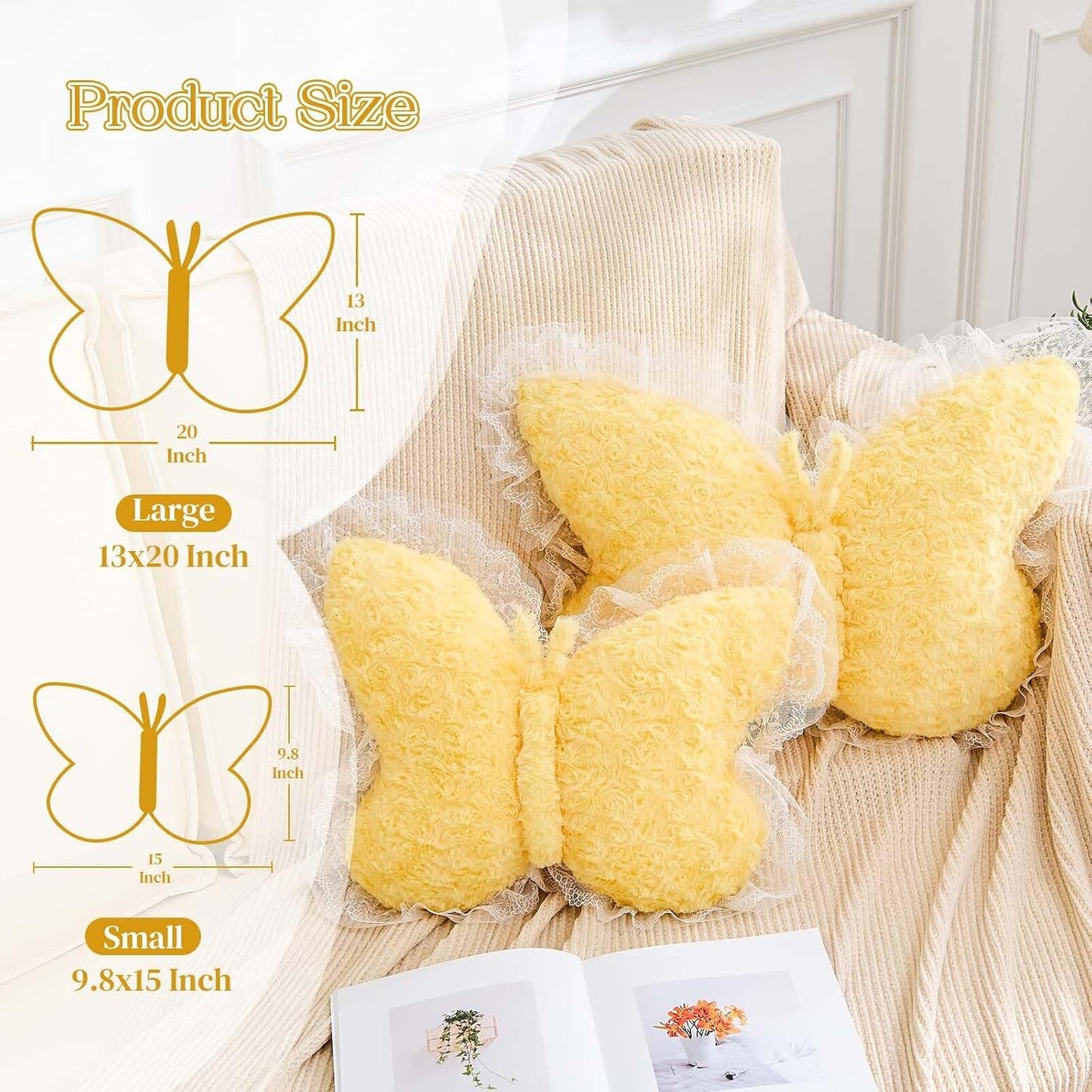 XVTRU Butterfly Pillow Yellow Decorative Pillows 15" Butterfly Shaped Cute Throw Pillows with Lace Aesthetic Bow Plush Cushion for Room Decor Bed Sofa Couch