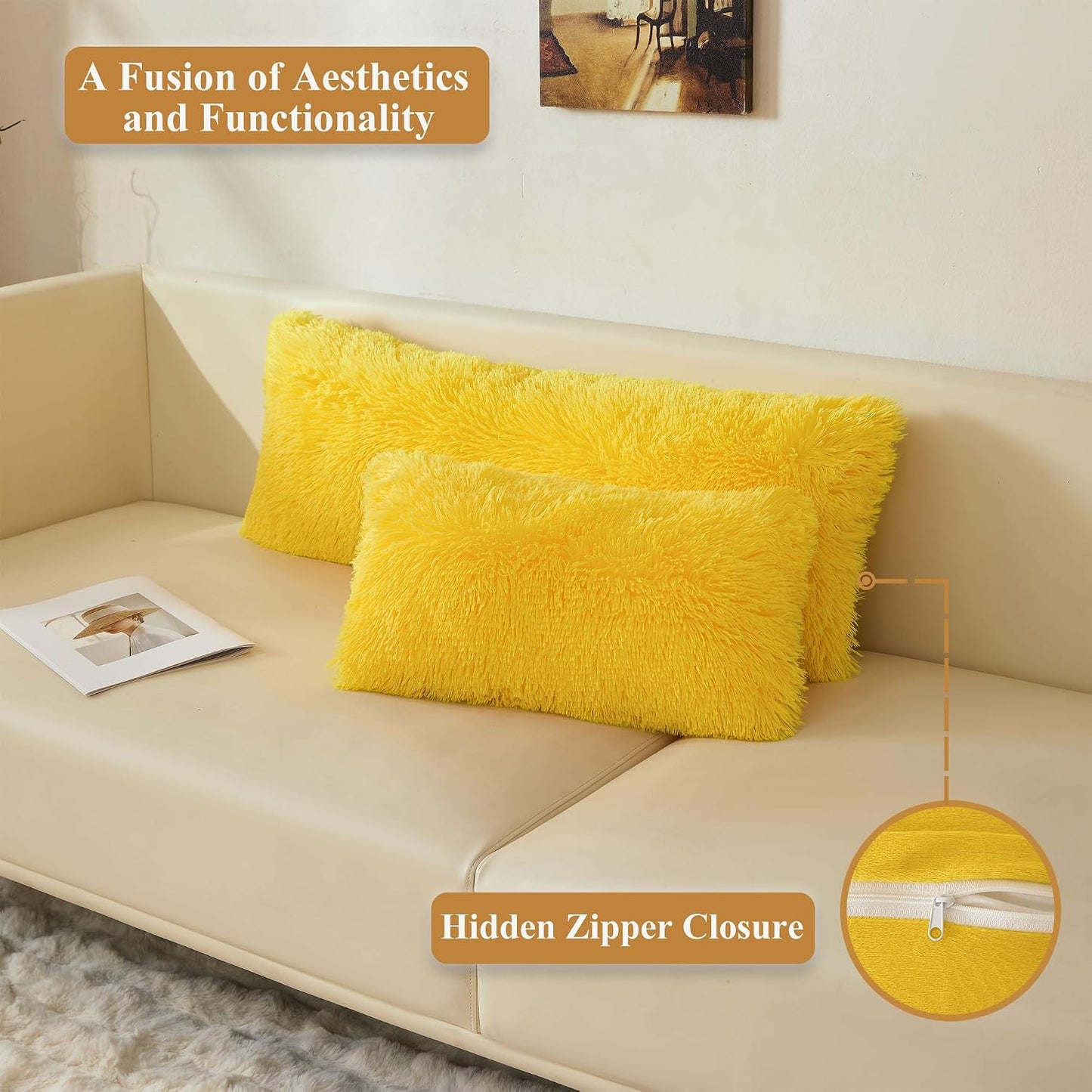 XeGe 12x20 Fluffy Faux Fur Lumbar Throw Pillow Covers Pack of 2, Shaggy Fuzzy Aesthetic Lumbar Pillowcases with Zipper, Plush Furry Long Pillow Cases Sleeping Kids Teens Adults Side Sleeper, Yellow