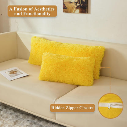XeGe 12x20 Fluffy Faux Fur Lumbar Throw Pillow Covers Pack of 2, Shaggy Fuzzy Aesthetic Lumbar Pillowcases with Zipper, Plush Furry Long Pillow Cases Sleeping Kids Teens Adults Side Sleeper, Yellow